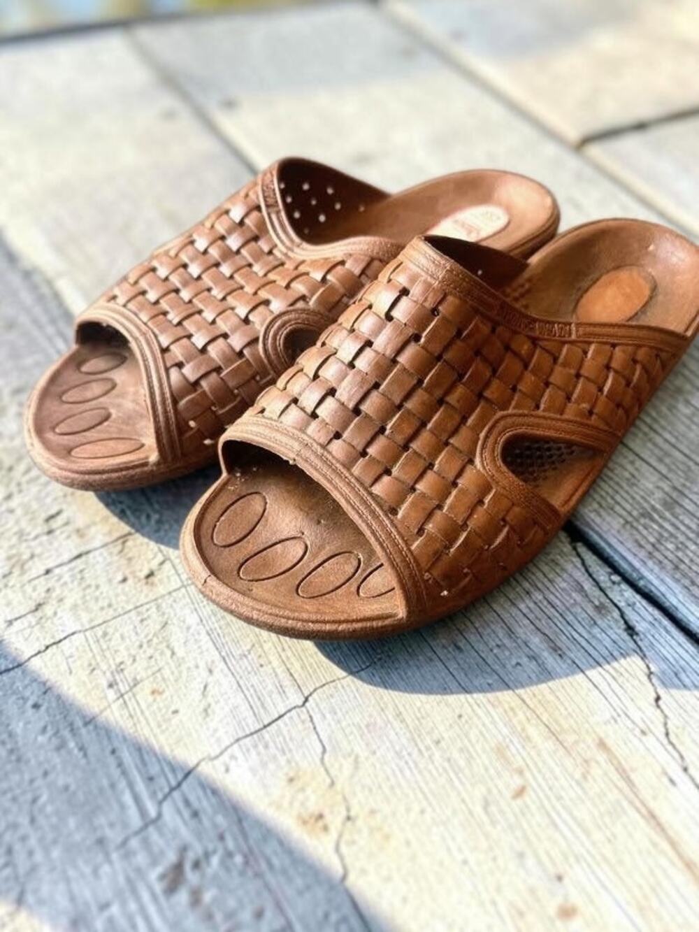 Vintage Okabashi Magna Sandals Mens XL 11-12 Brown Woven Slides Made USA